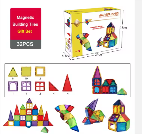 32 Pcs Magnetic Tiles for Kids, Stem Learning Toys, Montessori Magnetic Blocks for kids and toddlers